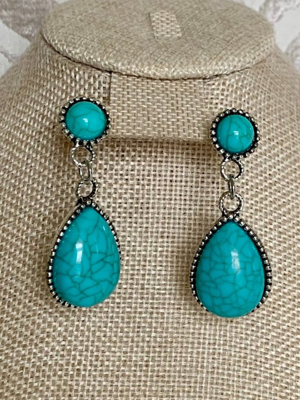 Southwestern Cracked Faux Turquoise marble Silver Drop Boho Earrings